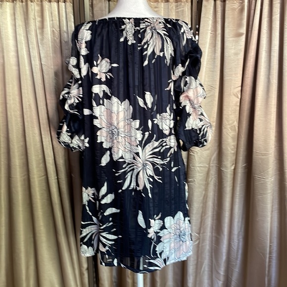 navy blue flower puff sleeve dress - Picture 5 of 6